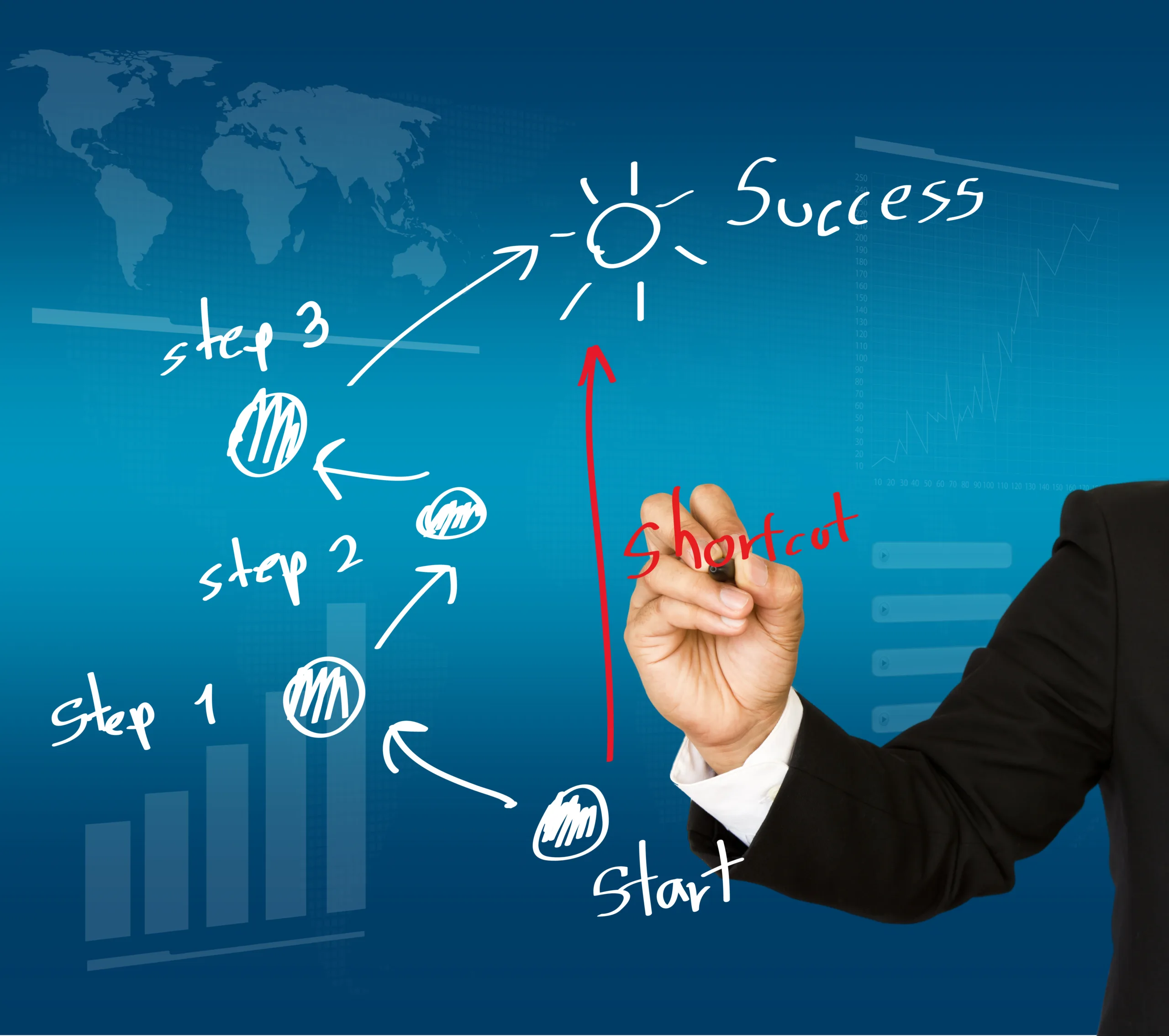 Businessman drawing shortcut to " Success "